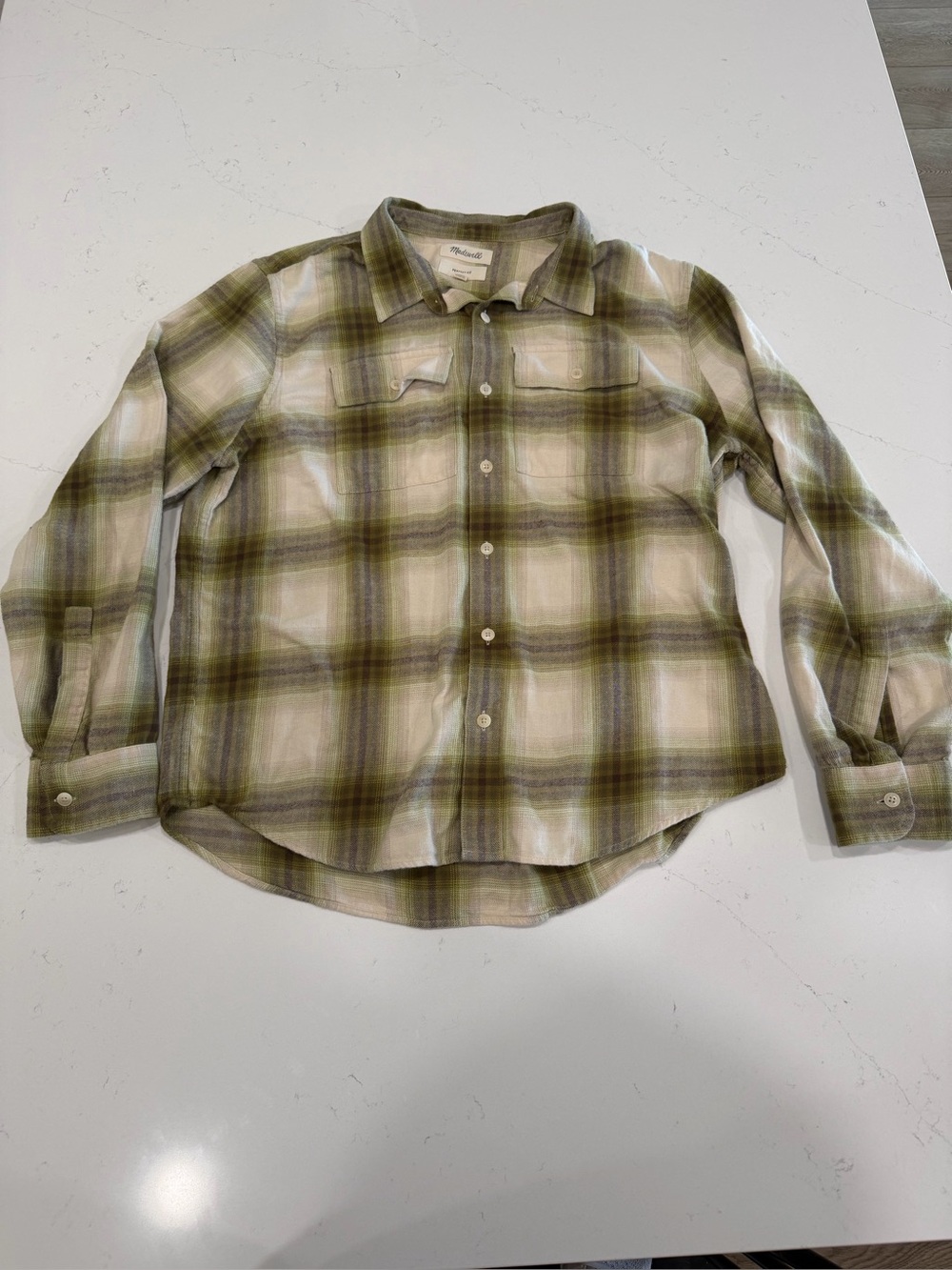 Madewell Olive and Cream Plaid Sunday Flannel Perfect Long-Sleeve Shirt - XL
